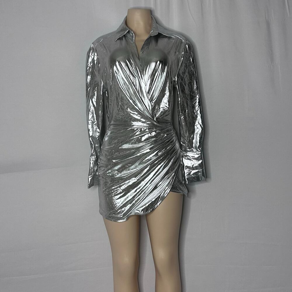 Silver Metallic Ruched Mini Dress S Long Sleeve Y2K Glam Party Club Wrap Style